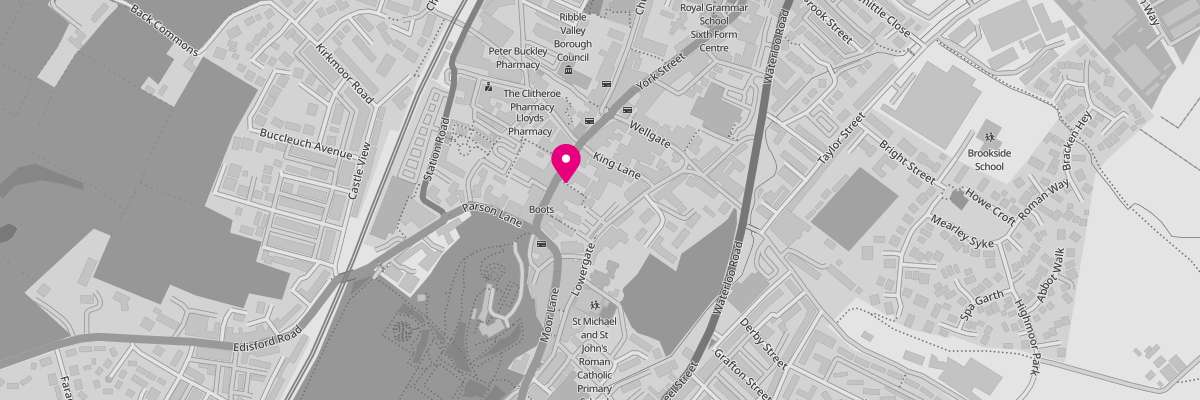 Map image showing the location of our Clitheroe Marsden branch on 30 Castle Street.