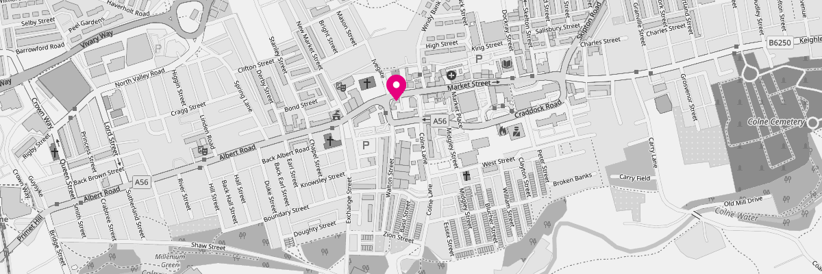 Map image showing the location of our Colne branch on Church Street.