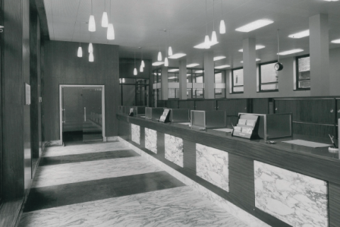 Black & white image showing the inside of an old Marsden branch