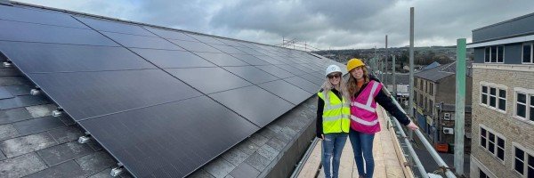  Viki Thomas Financial Controller And Hayley Duckworth Head Of People Oversee The Solar Panel Installation At Marsden Building Societys Principal Office