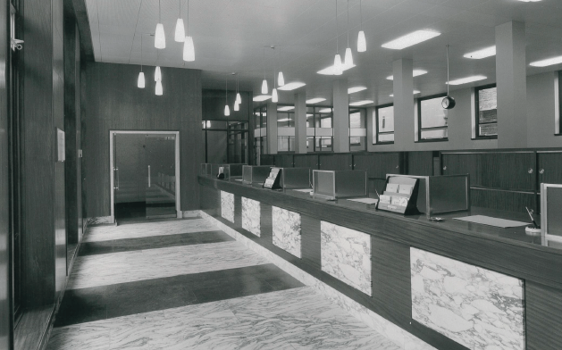 Black & white image showing the inside of an old Marsden branch