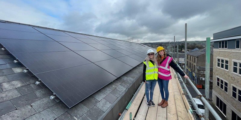  Viki Thomas Financial Controller And Hayley Duckworth Head Of People Oversee The Solar Panel Installation At Marsden Building Societys Principal Office